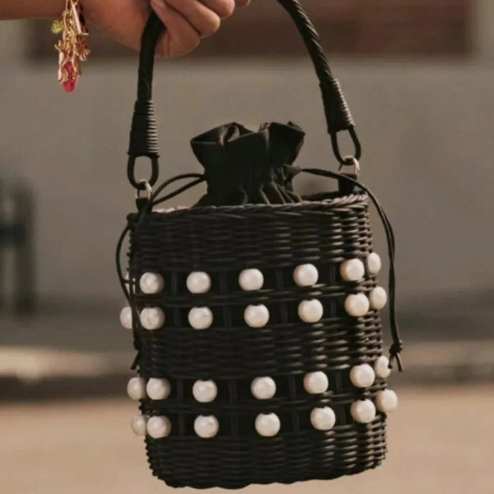 Kate Spade x Target Black Pearl Embellished Basket Wicker Bucket Bag